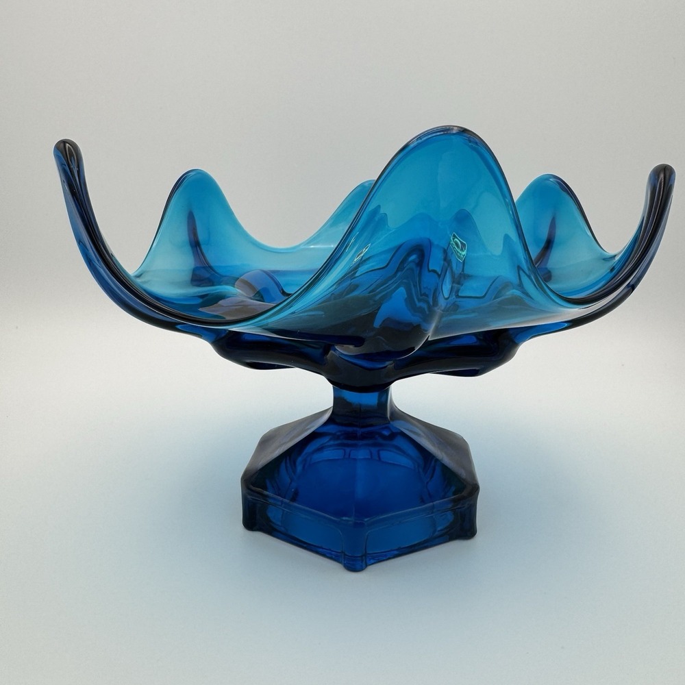 Vtg Viking Bluenique MCM Blue Glass Epic 6 Petal 9"‎ Pedestal Bowl Dish Compote
